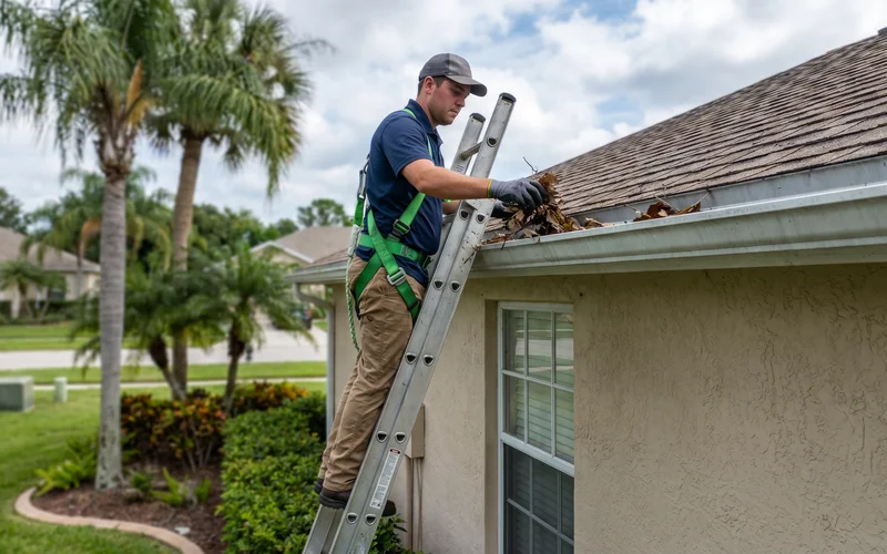 Crew clearing palm debris from gutter on ladder, downspout flush visible, branded uniform