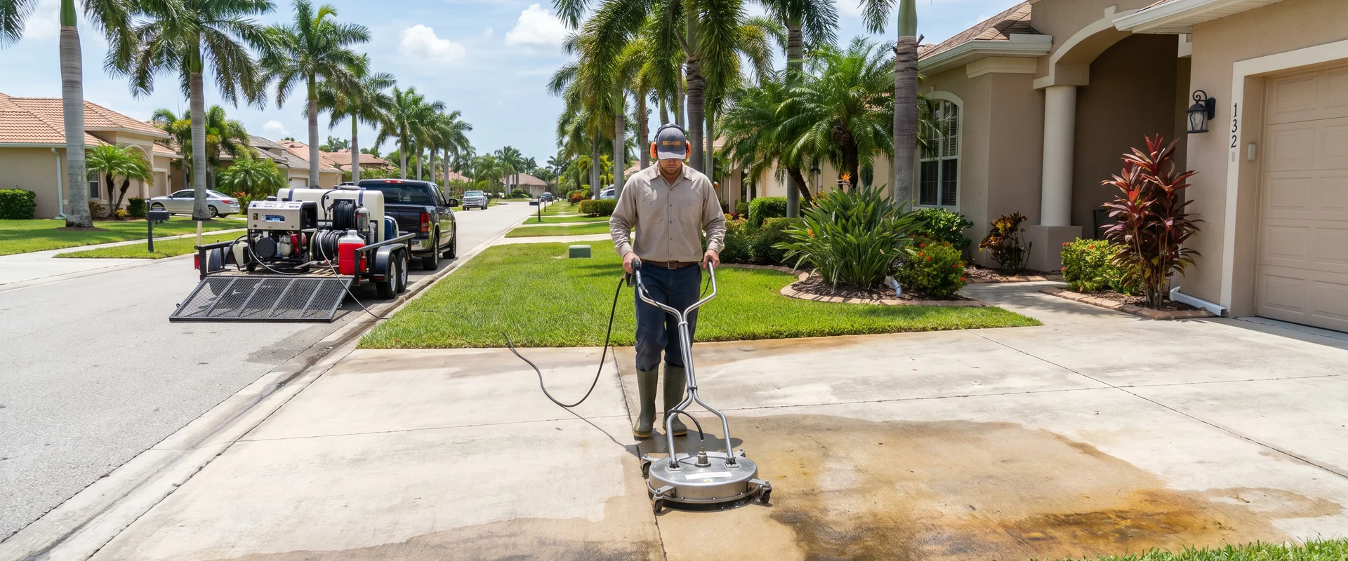 Cape Coral technician using rotary surface cleaner on a stained concrete driveway
